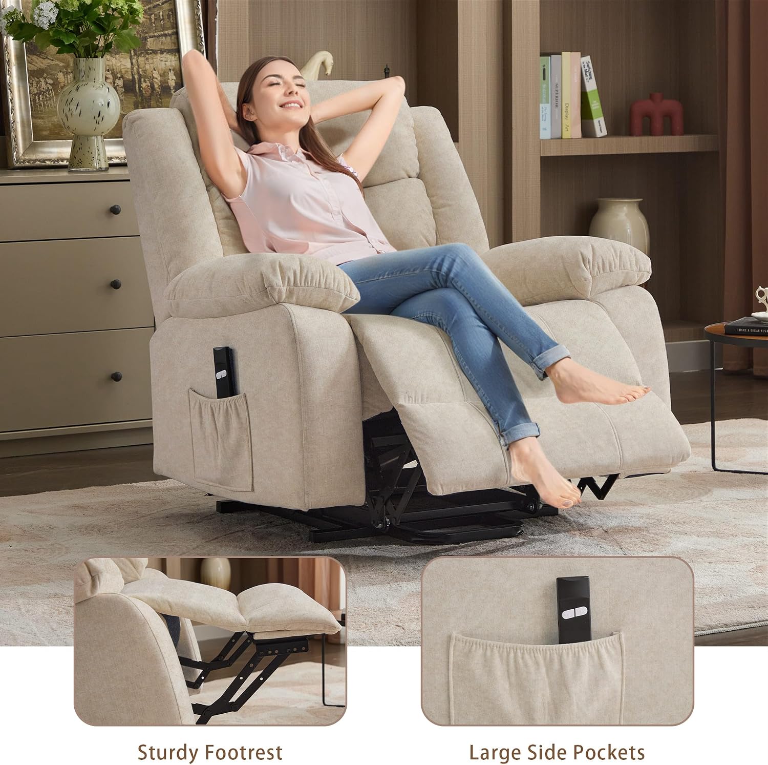 Korser Oversized Power Lift Recliner for Elderly, Extra Wide Electric Recliner Chairs with Massage and Heat, Reclining Chair with Side Pockets, Recliner for Living Room (Cashmere, Khaki)