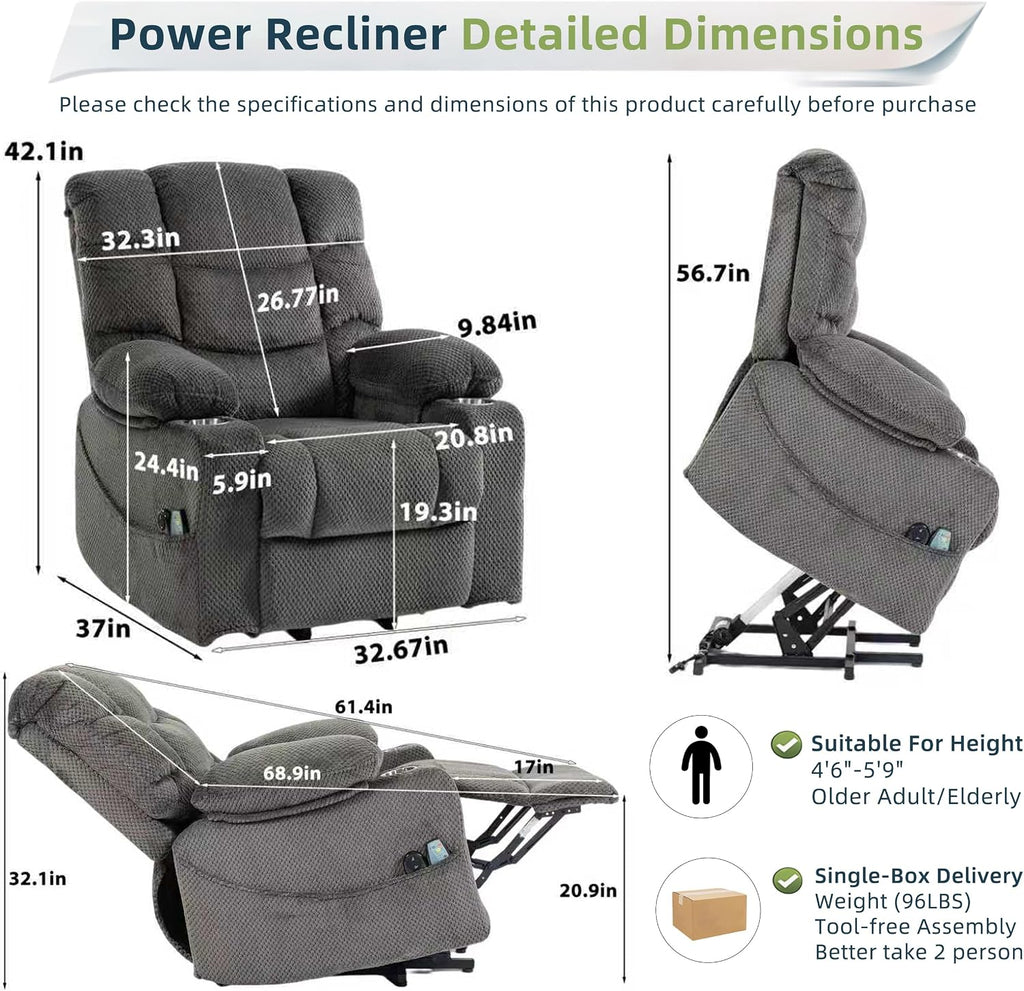 Power Lift Recliner Chair for Elderly, Overstuffed Back Lift Chair with Massage/Heat, Power Recliner Lay Flat 160° Cup Holders for Living Room（Grey）