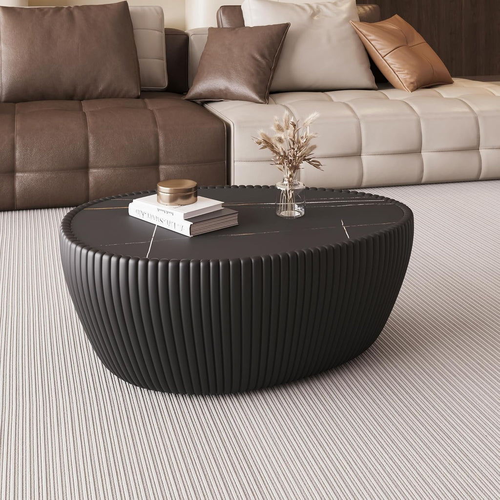 KEIKI 32.1' Goose Eggs Shape Coffee Table, Modern Sofa Side Table with Marble Top & Leather Wrap, Small End Table for Living Room, Bedroom, Office, Black