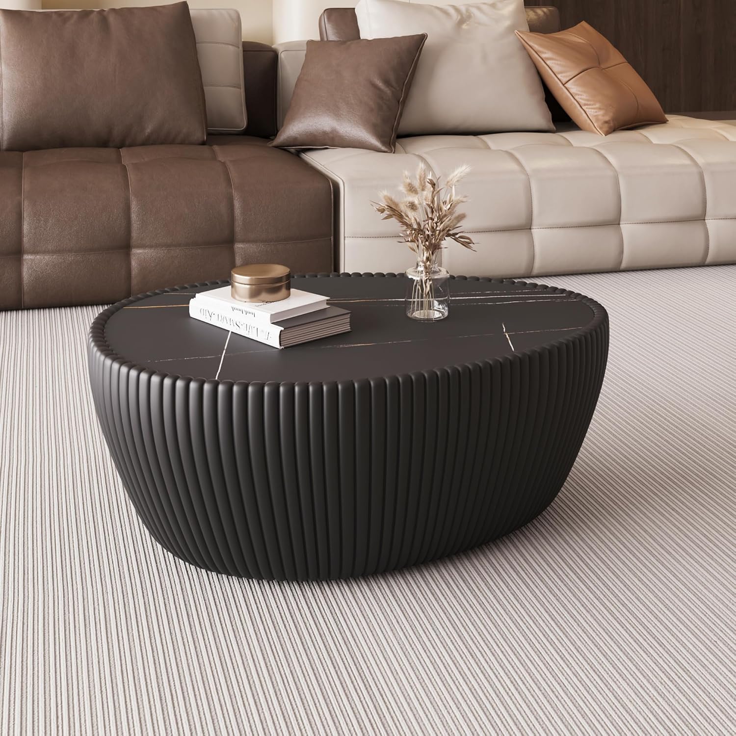 KEIKI 32.1' Goose Eggs Shape Coffee Table, Modern Sofa Side Table with Marble Top & Leather Wrap, Small End Table for Living Room, Bedroom, Office, Black