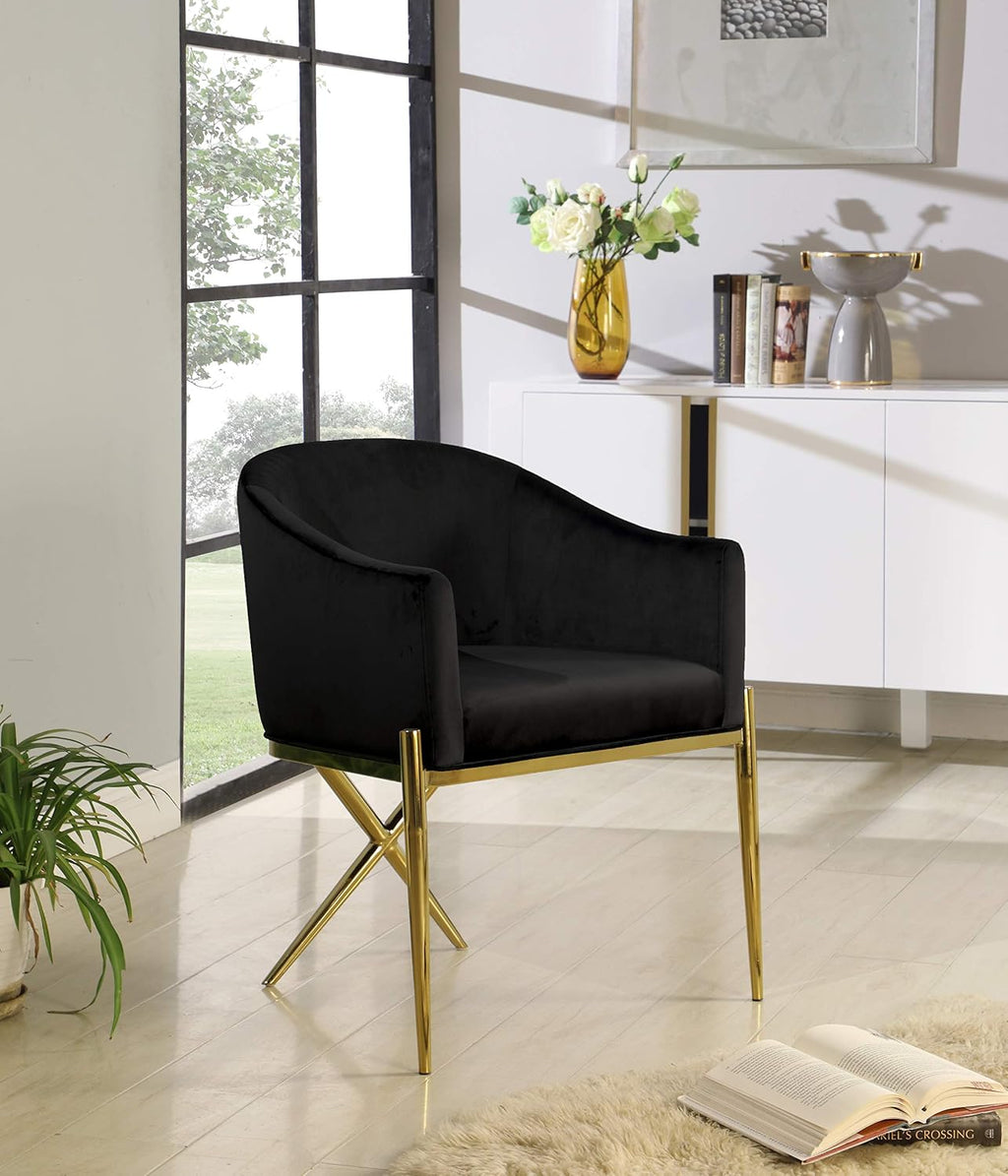Meridian Furniture Xavier Collection Modern | Contemporary Velvet Upholstered Dining Chair with Sturdy Steel X Shaped Legs, Solid Back, 25.5' W x 24.5' D x 31.5' H, Black