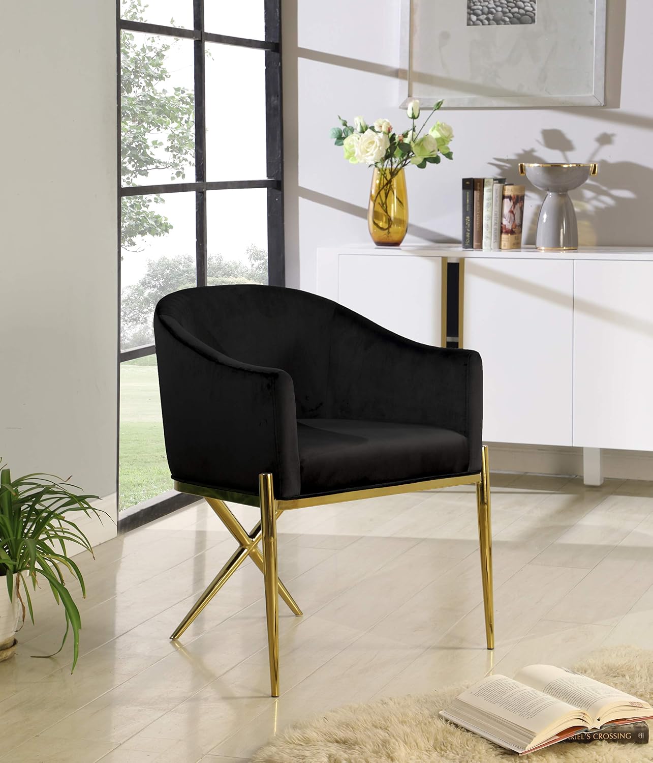 Meridian Furniture Xavier Collection Modern | Contemporary Velvet Upholstered Dining Chair with Sturdy Steel X Shaped Legs, Solid Back, 25.5' W x 24.5' D x 31.5' H, Black
