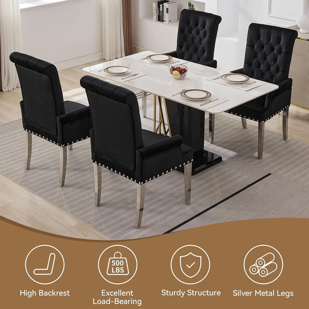 WUTUTUEE Velvet Dining Chair with Arms, Upholstered Tufted High Back Dining Room Chairs, Accent Armchair with Chrome Leg and Nailhead Trim, Kitchen Dining Living Room, Black
