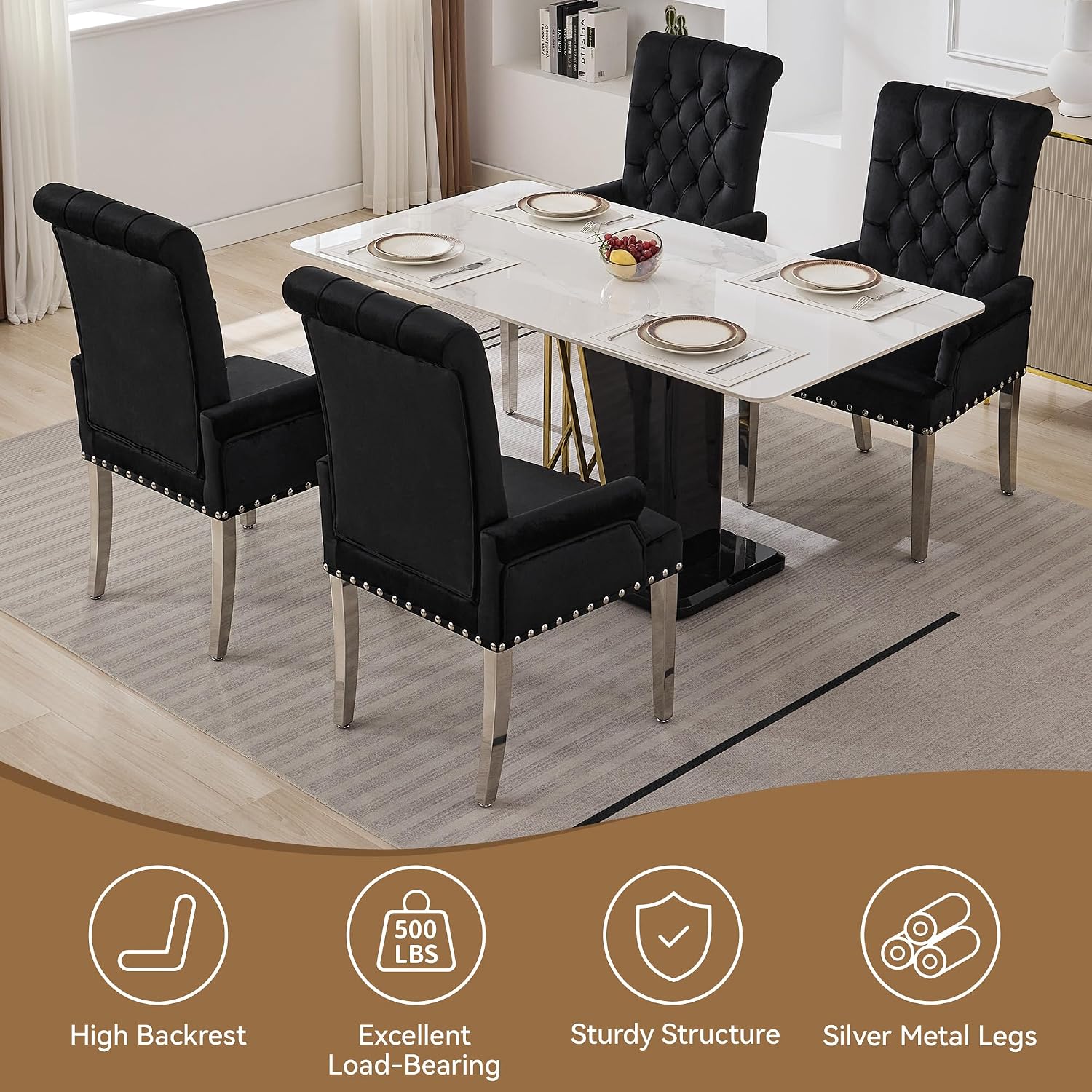 WUTUTUEE Velvet Dining Chair with Arms, Upholstered Tufted High Back Dining Room Chairs, Accent Armchair with Chrome Leg and Nailhead Trim, Kitchen Dining Living Room, Black