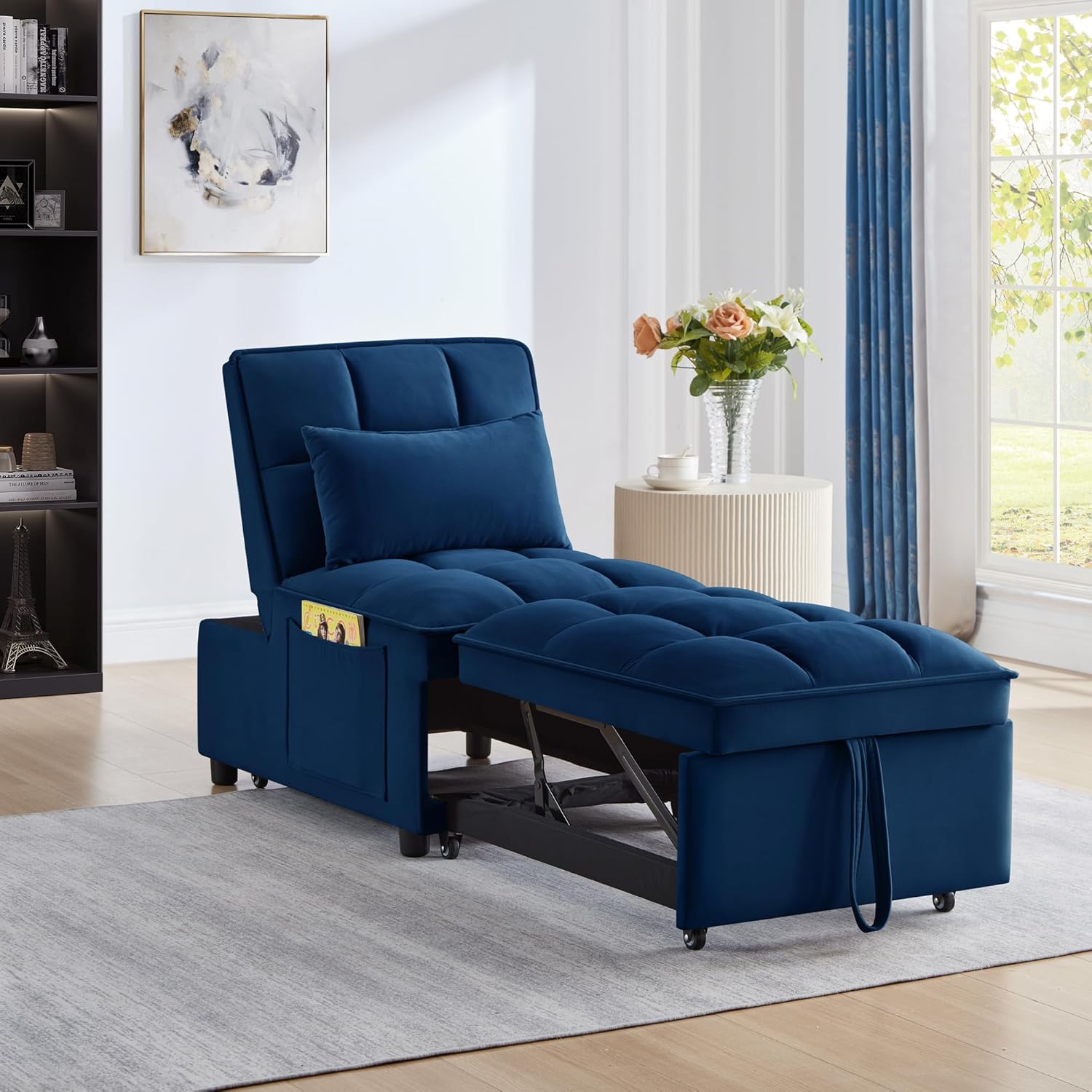 3 in 1 Convertible Sleeper Sofa Chair, Velvet Tufted Single Pull Out Couch Bed with Adjustable Backrest and Pillow, Multi-Function Chaise Lounge with Pockets, for Livingroom, Home Office,Navy