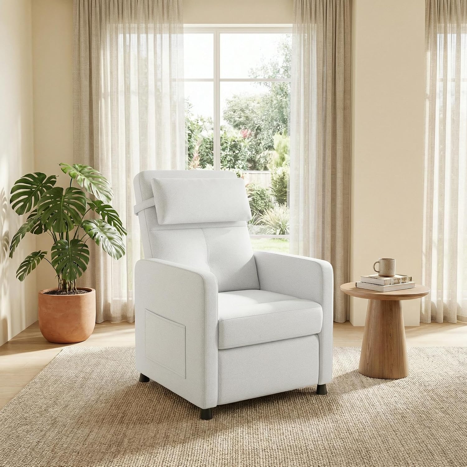 Power Recliner Chair with Electric Adjustable Back USB Port & Side Pockets, Single Overstuffed Recliner Chair for Living Room, Bedroom, or Home Theater, Beige White