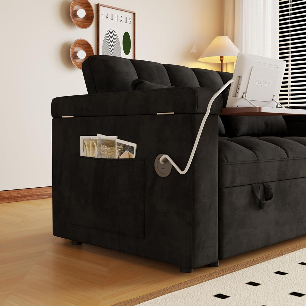 KEIKI 65' Compact 3-in-1 Sofa Bed, Pull-Out Loveseat Sleeper with Built-in USB Ports, Side Table & Storage Arms, Velvet Couch for Studios, Home Office & Guests