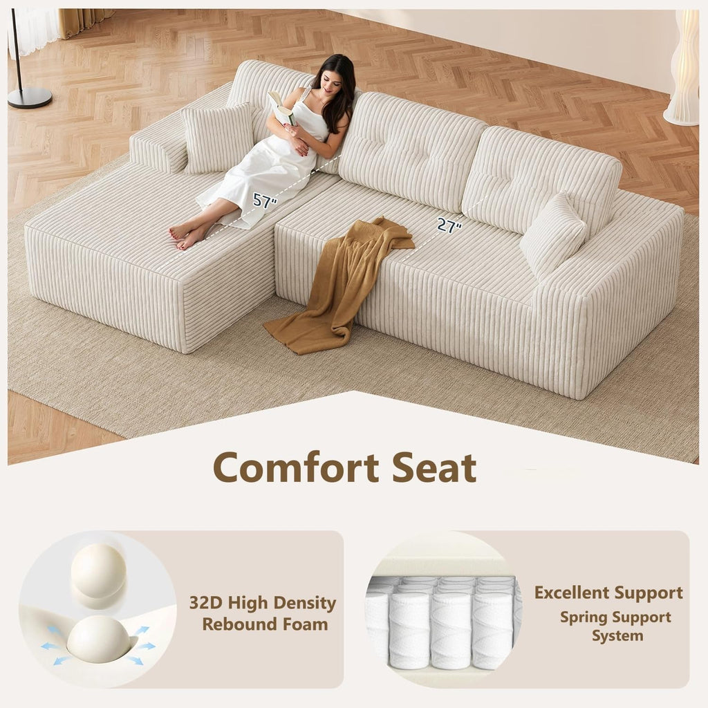 Ball & Cast 106''Cloud Couch Sectional with L-Shaped Chaise,Corduroy Upholstered Modular Sectional Sofa,Deep Seat Sectional Couches for Living Room,No Assembly Required (Beige,Left Facing Chaise)
