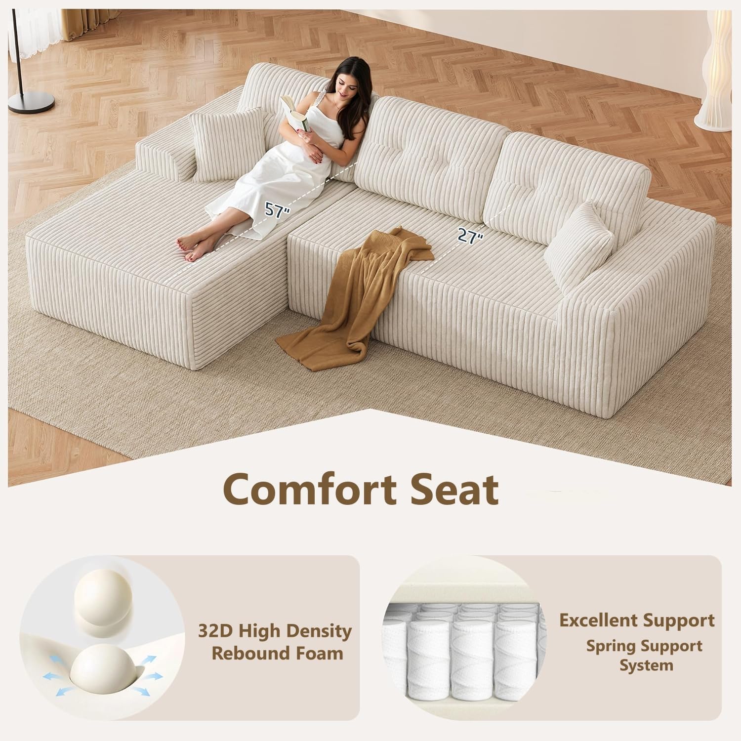 Ball & Cast 106''Cloud Couch Sectional with L-Shaped Chaise,Corduroy Upholstered Modular Sectional Sofa,Deep Seat Sectional Couches for Living Room,No Assembly Required (Beige,Left Facing Chaise)