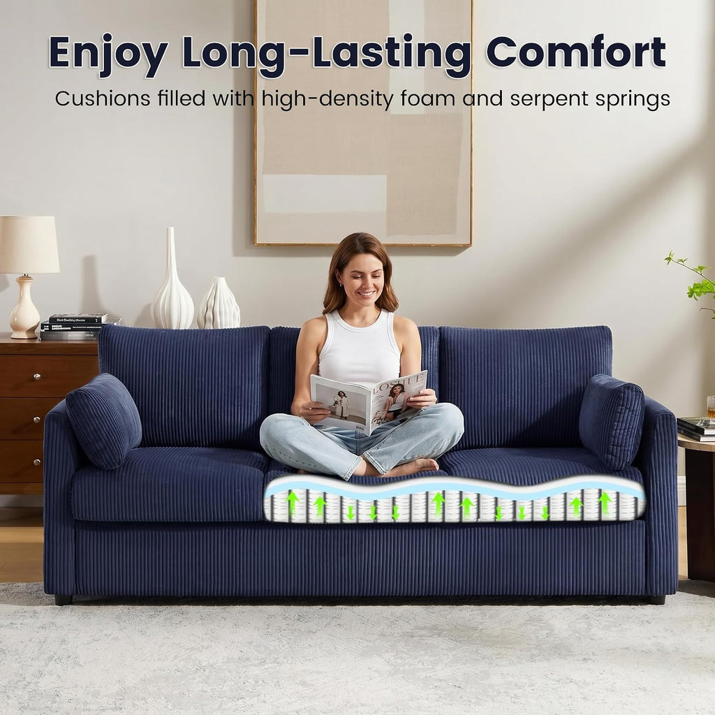 3 Seater Couches for Living Room, 79' Modern Corduroy Sofa with 2 Pillows and Storage Pockets, Small Comfy Couches for Apartment, Small Spaces, Bedroom, Office, Navy Blue