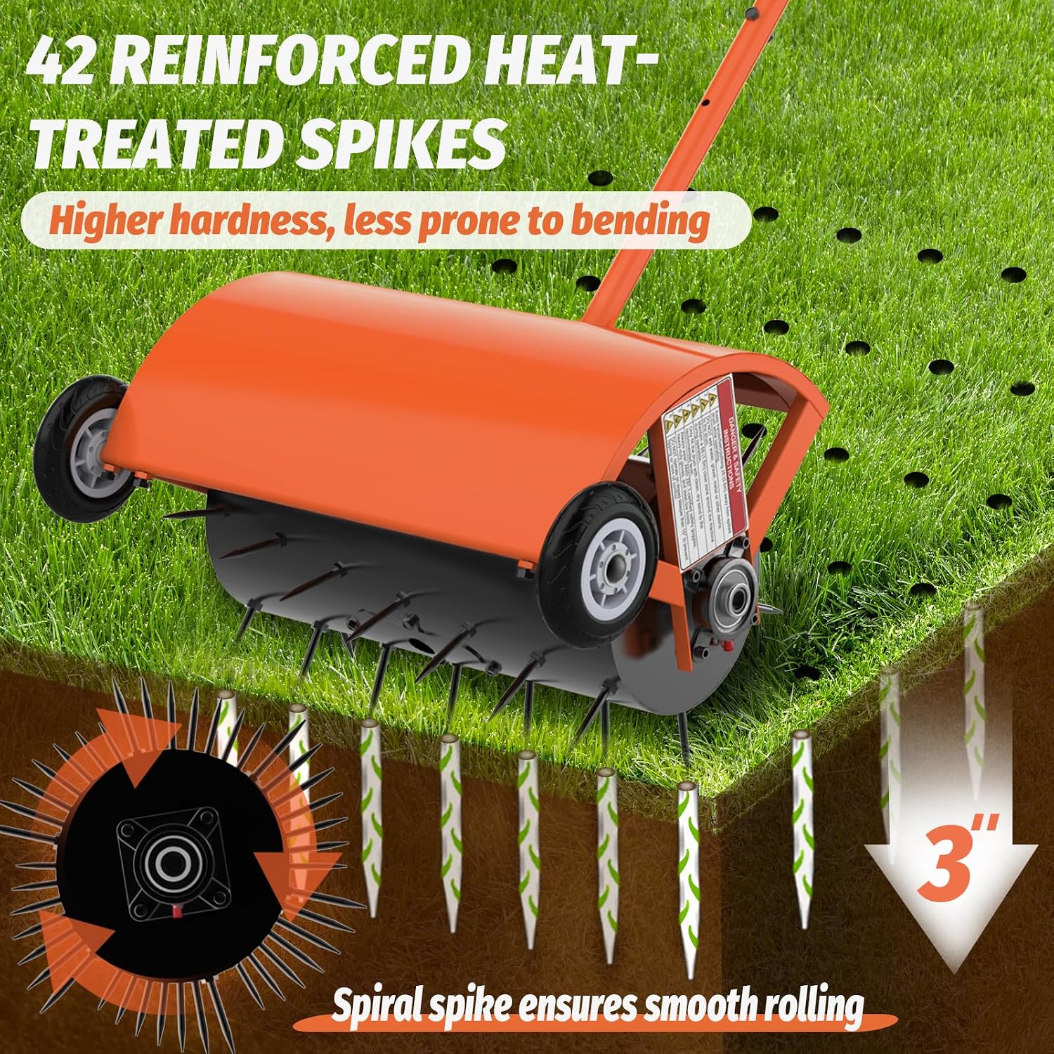 24 Inch Rolling Lawn Aerator, Heavy Duty Manual Aerator Tool, Up to 70 lbs, Push Spike Aeration Tool with 42 Spikes, Suitable for Lawns, Garden, and Yard Grass Aeration [Orange]