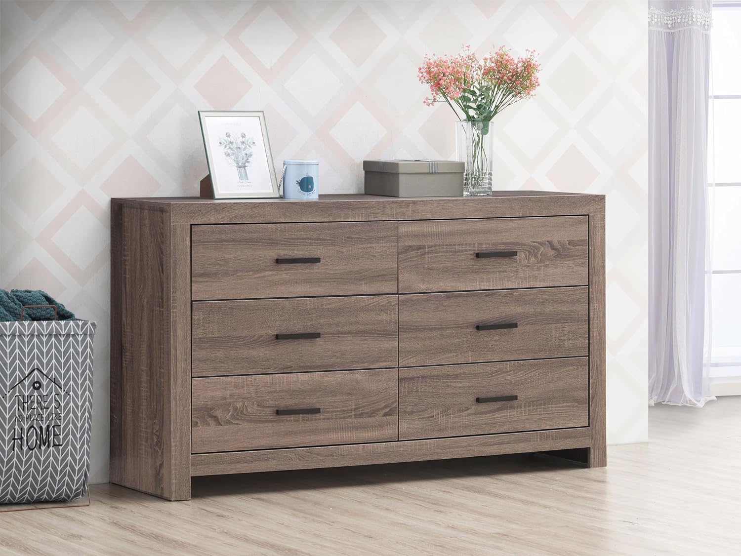 Coaster Home Furnishings Brantford Farmhouse 59-inch 6-Drawer Bedroom Dresser Clothing Storage Cabinet Wide Chest of Drawers Organizer Unit Barrel Oak 207043