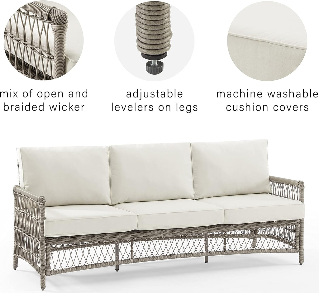 Crosley Furniture Thatcher Wicker Outdoor Sofa, 3-Person Patio Couch for Porch, Deck, Backyard, Driftwood with Creme Cushions