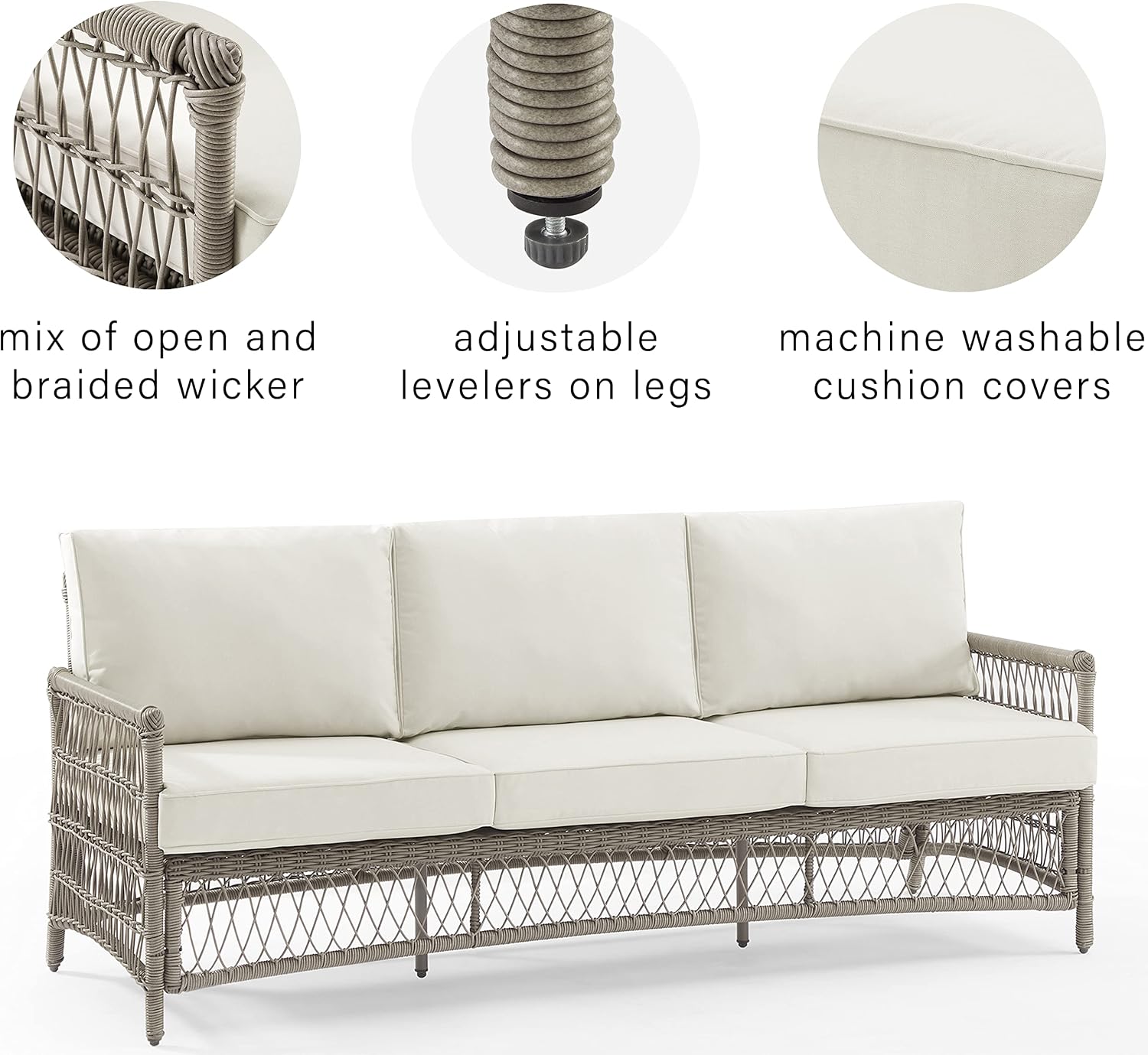 Crosley Furniture Thatcher Wicker Outdoor Sofa, 3-Person Patio Couch for Porch, Deck, Backyard, Driftwood with Creme Cushions