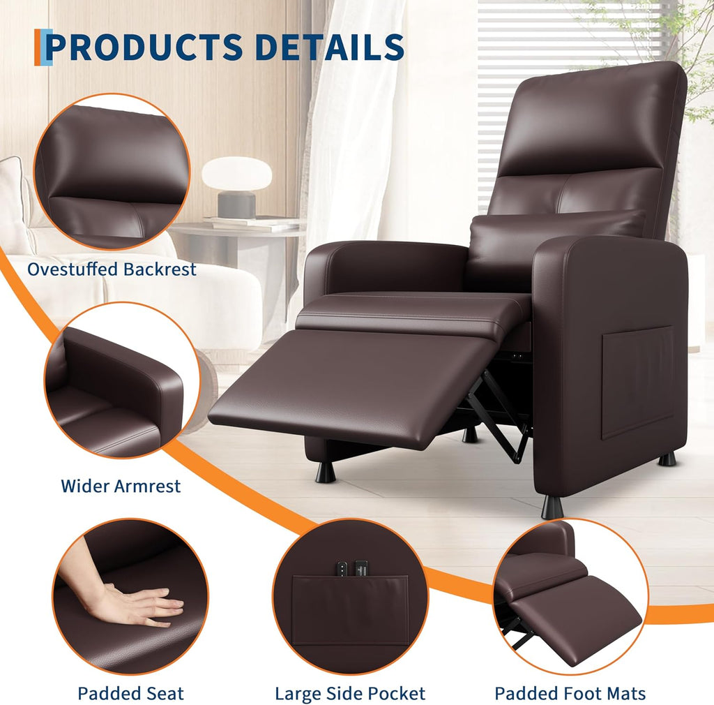 Power Recliner Chair with Heat & Massage, Adjustable Electric PU Leather Single Sofa, Ergonomic Tall-Back Padded Seat, Home Theater Seating Recliner for Living Room
