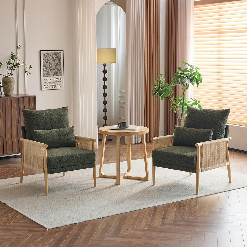 Karl home Cozy Chenille Accent Chair with Lumbar Pillow & Rattan Arms Modern Lounge Chair for Living Room, Bedroom, Reading Nook, Green