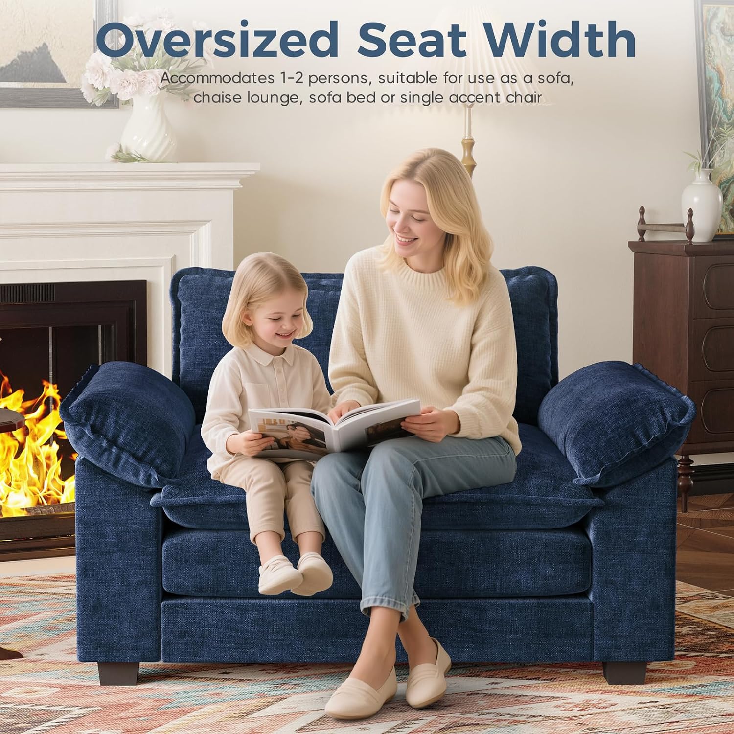HUSFU 49.5'' W Oversized Accent Chair, Chenille Cloud Sofa Chair with Deep Seat and Extra Wide Armrests, Comfy Reading Armchair for Bedroom, Living Room, Blue