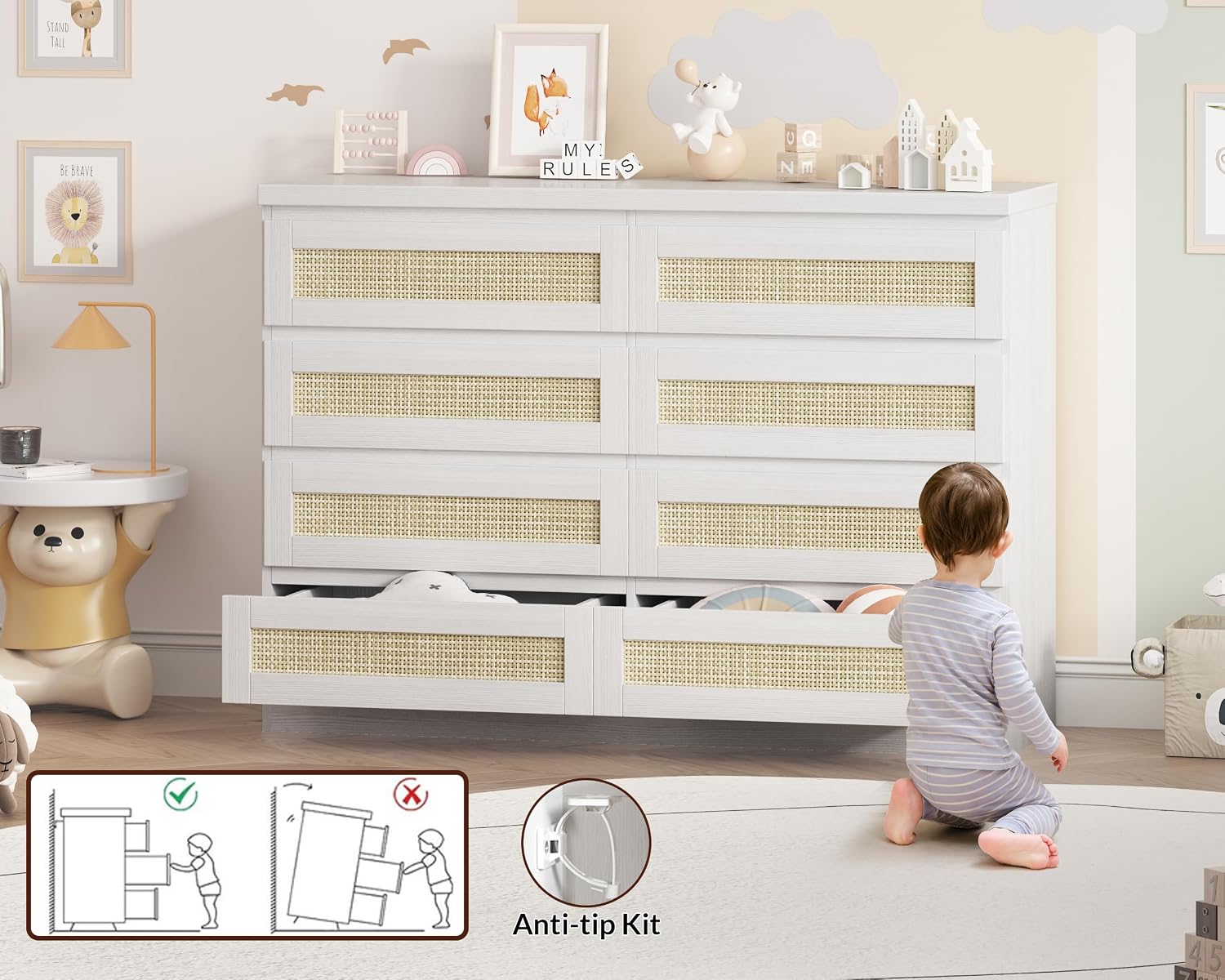 47 Inch Rattan 8 Drawer Dresser, Modern Farmhouse Chest of Drawers, Tv Stand Dresser Accent Furniture for Living Room, Bedroom, Entryway