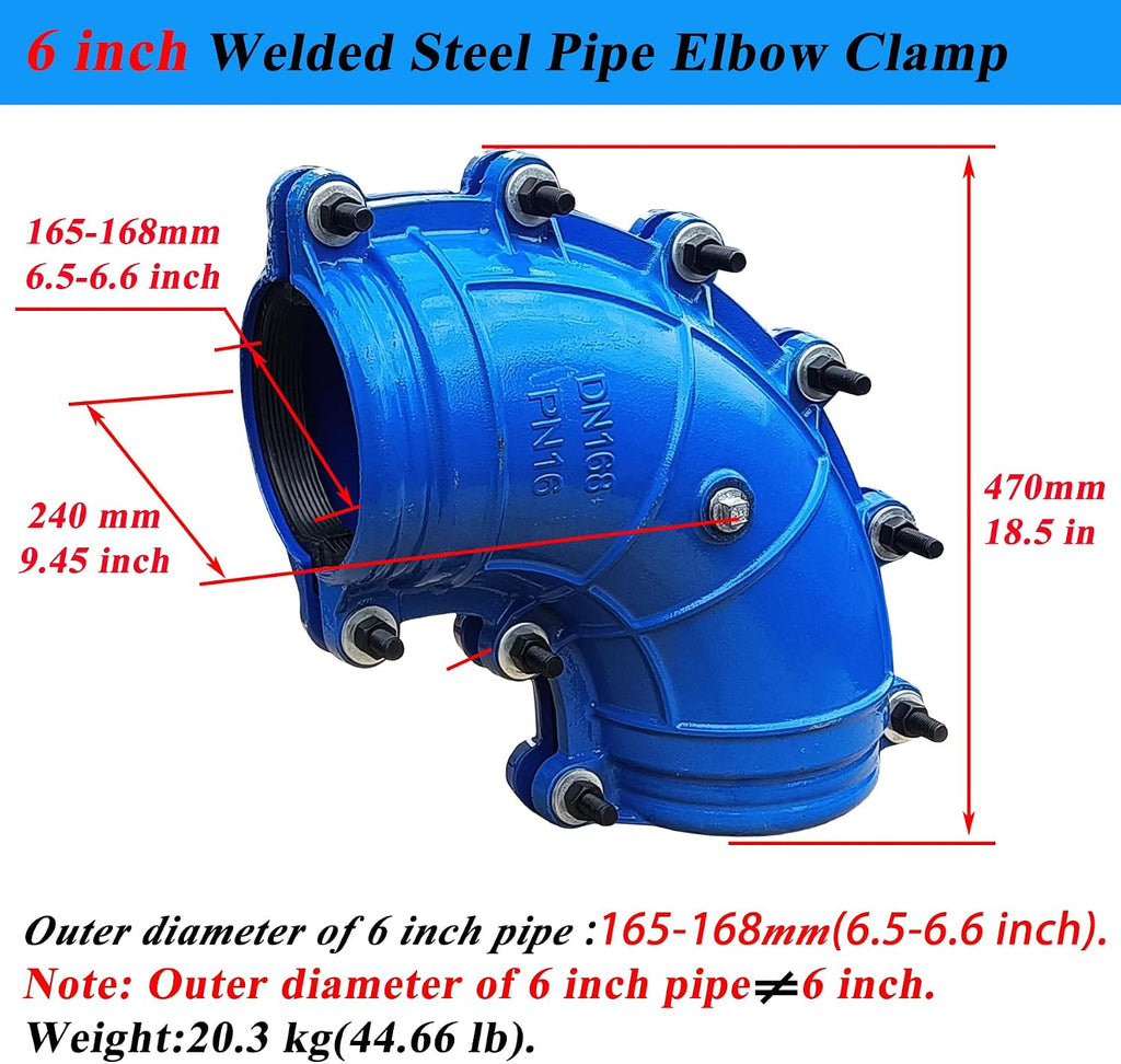 Pipe Repair Clamp For 6 Inch Welded Steel Pipe Elbow(Outer Diameter of the Pipe and Elbow are about 6.5 inch),90 Degree Elbow Leak Sealer,Long Radius,Only Suitable for Welded Steel Pipes, Blue