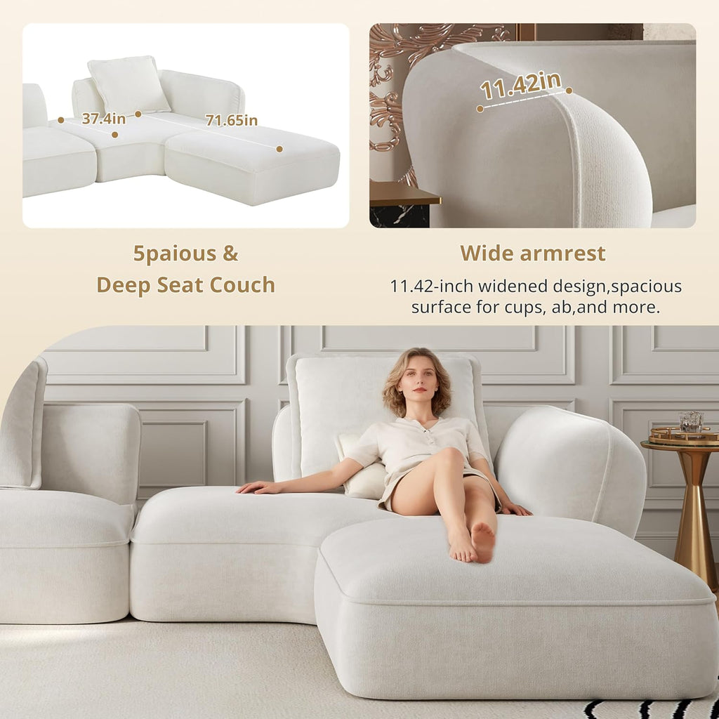 Christopher Knight Home Zacha 121' Modular L-Shape Sofa Couch with Chaise Lounge, Modern Boneless Sofa for Living Room, Fabric Upholstered Cloud Couch with Deep Seat, Milky White