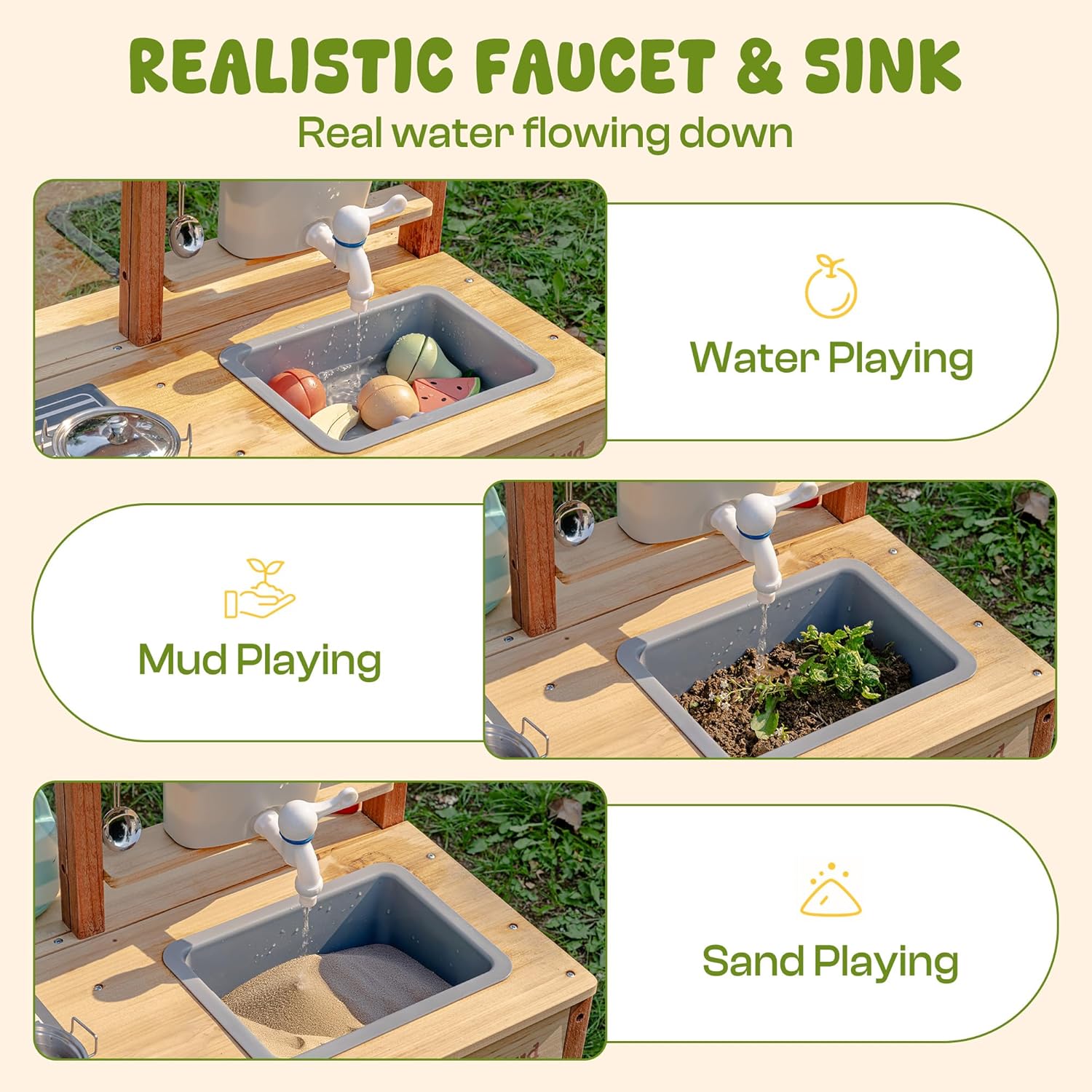 Robud Mud Kitchen, Wooden Outdoor Kitchen for Kids, Pretend Play Set with Sink, Faucet, Planting Pots, Cooking Accessories, Ideal Gift for Boys Girls Ages 3+
