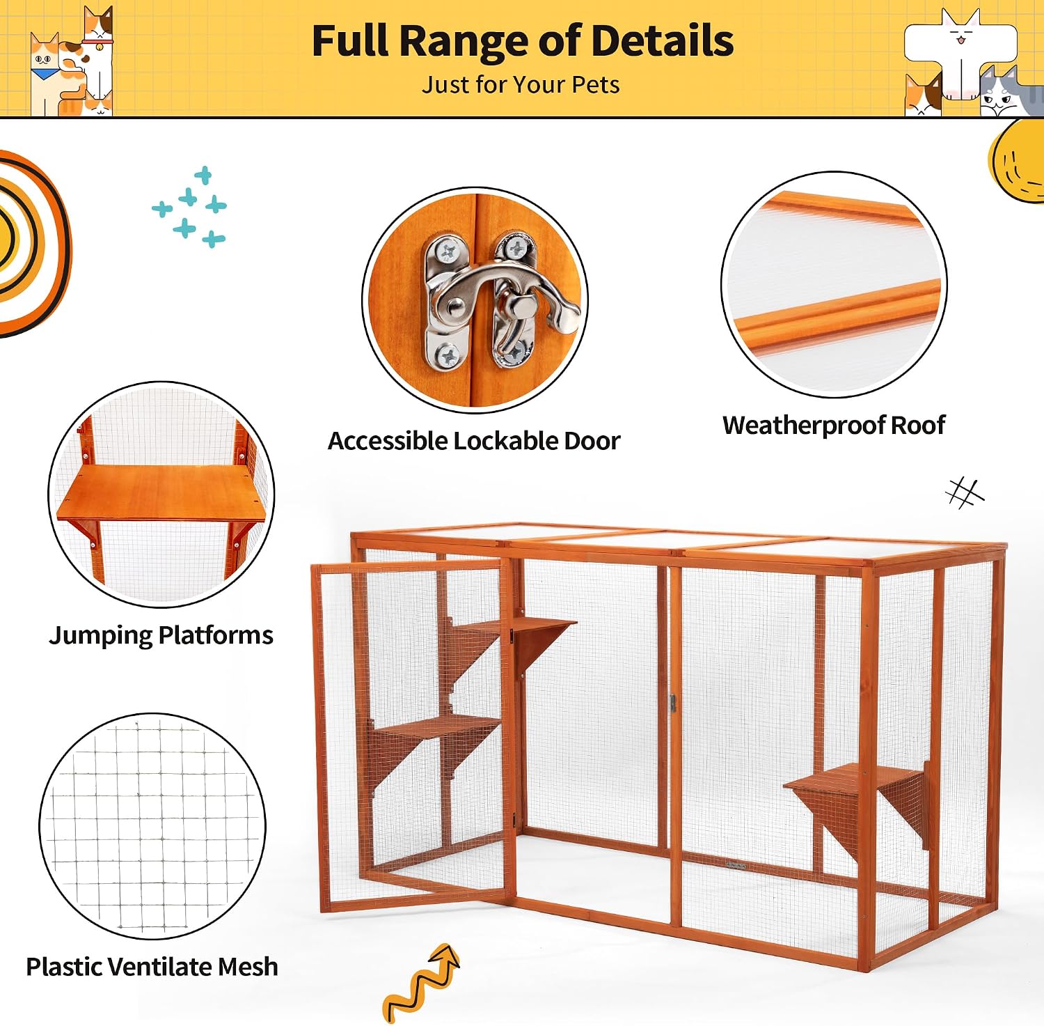 Catio Outdoor Cat Enclosure, 71' Large Weatherproof Catios with Cedar Wood Frame for cat Patio, Heavy Duty Outdoor Cat Condo & Cage, Indoor cattio for Cats (Orange-Red, Large)