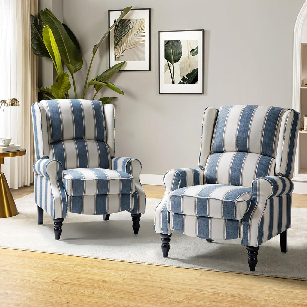 HULALA HOME Upholstered Wingback Recliner Chair Set of 2, Small Adjustable Footrest Push Back Single Reclining Sofa, Mid Century Modern Lounge Armchair for Living Room, Bedroom, Reading/Stripe Navy