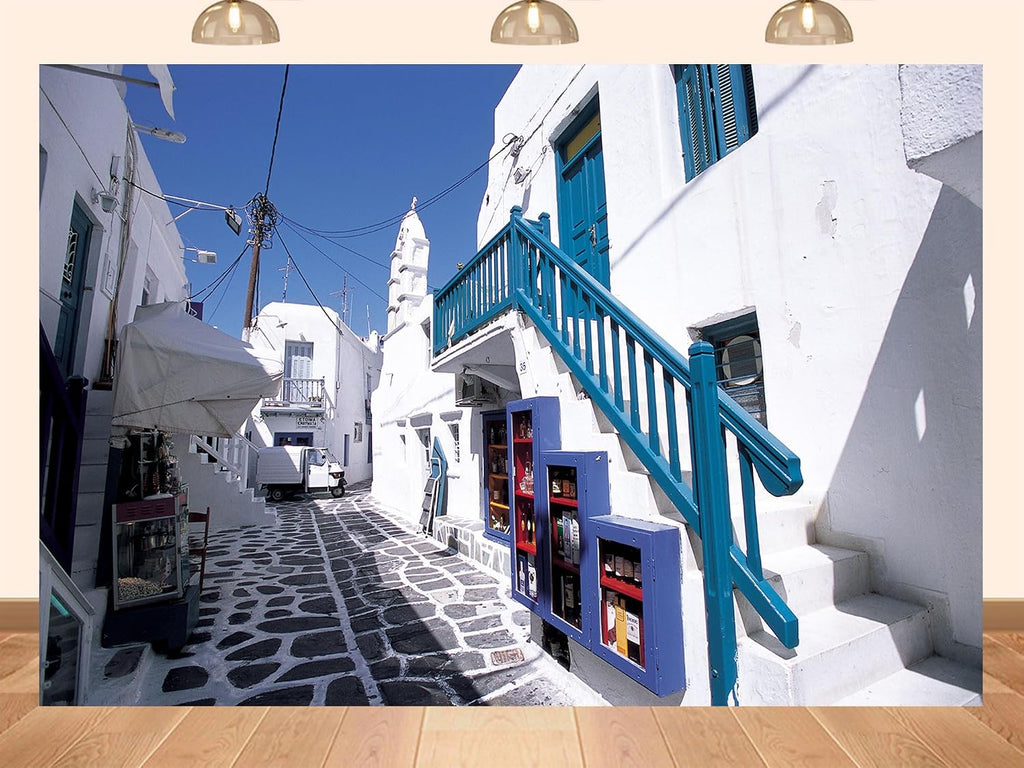20x10ft Fabric Mykonos Greece Narrow Alley with Blue Staircase and Shops Backdrop Vibrant Travel Background for Summer Themed Party Decorations Home Wall Hanging Tapestry Photo Booth Props