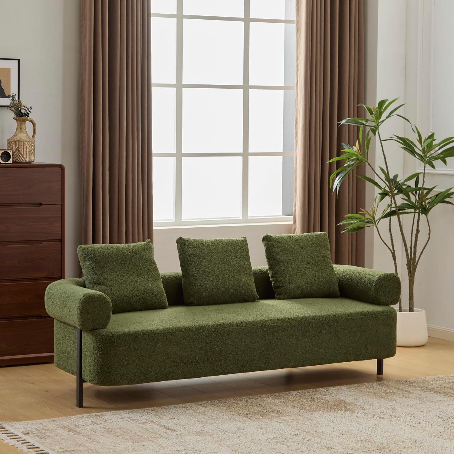 Christopher Knight Home Gilly 78' Modern Boucle Upholstered Sofa with Pillow, Oversized Comfy Cloud Couch with Wooden Frame, 3-Seater Sofa Couch for Living Room, Bedroom, Home Office, Olive Green