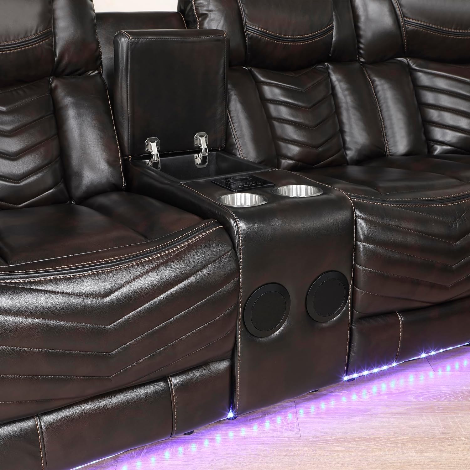 Lexicon Modern 3-Piece Power Reclining Sectional Sofa, Wall Hugger Faux Leather Sectional Couch, with Consoles, Speakers, Subwoofer and Led Lighting, for Living Room/Office/Apartment, Dark Brown