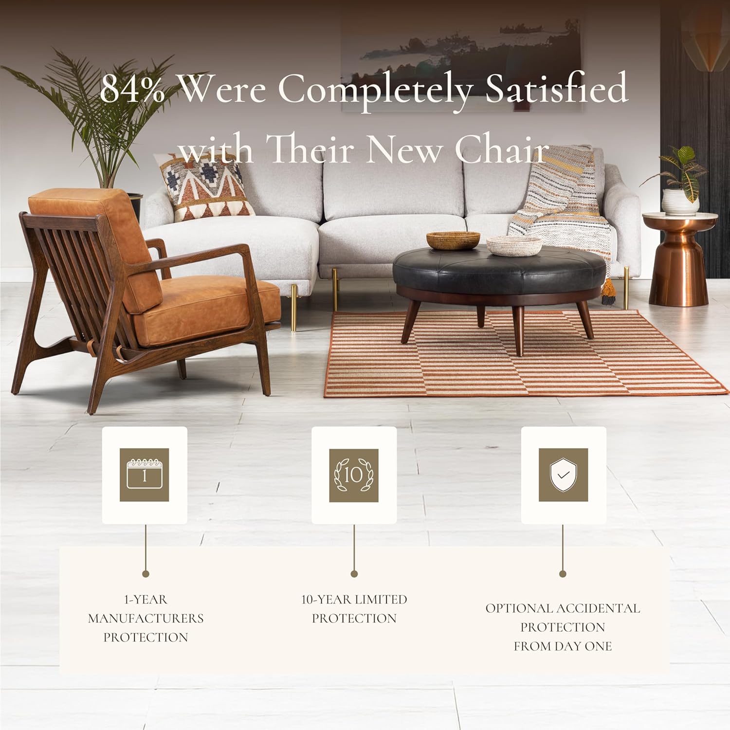 Poly & BARK Verity Leather Accent Chair – Armchair with Walnut Wood Frame – Fashion-Forward Lounge Seating for Living Room – Upholstered in Cognac Tan Leather for Modern Style