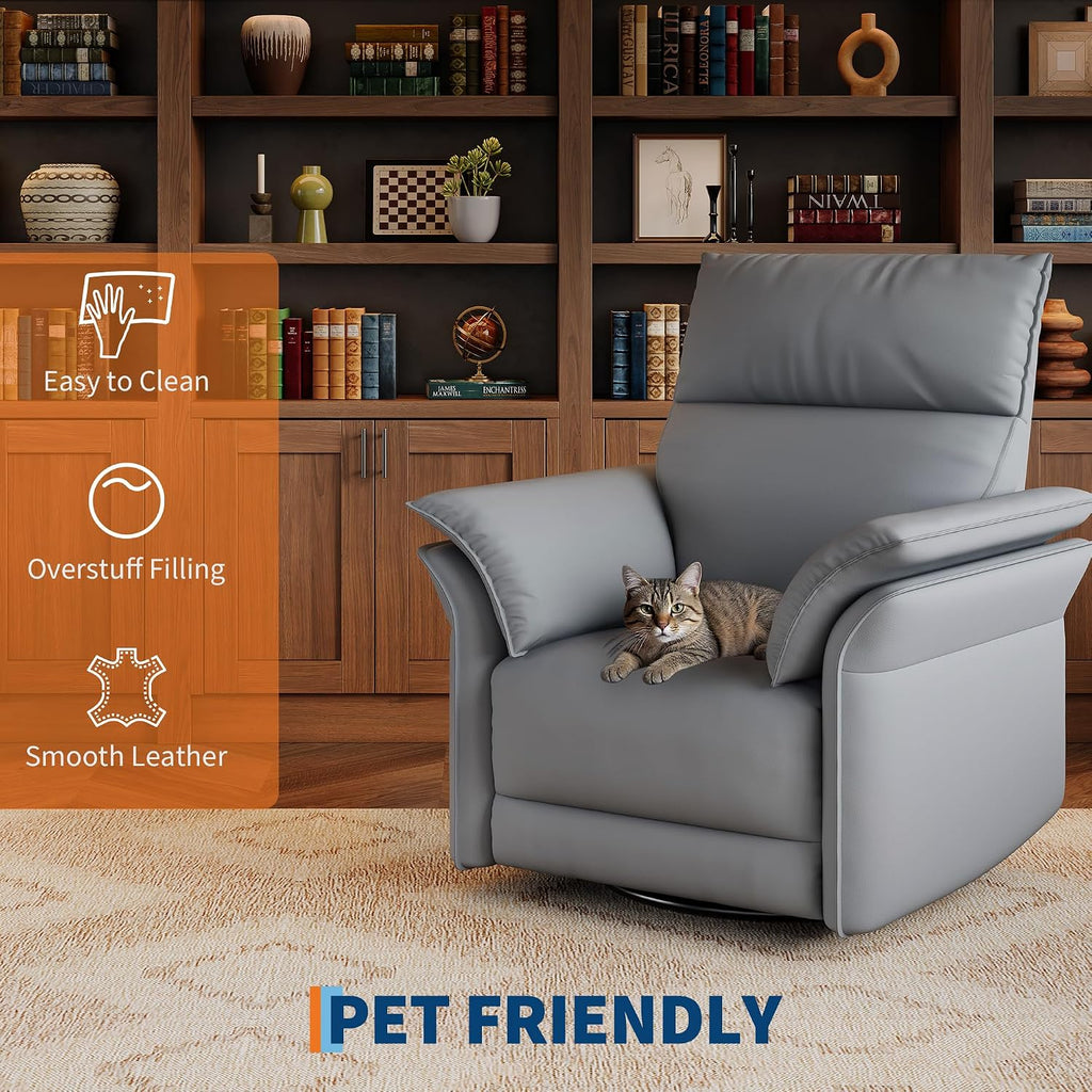 GarveeHome Power Recliner Chair with Side Pockets, 270° Swivel & Glider, USB Charging Port, PU Leather, Thickened Dual-Layer Armrests, Modern Recliner for Living Room, Bedroom (Silver)