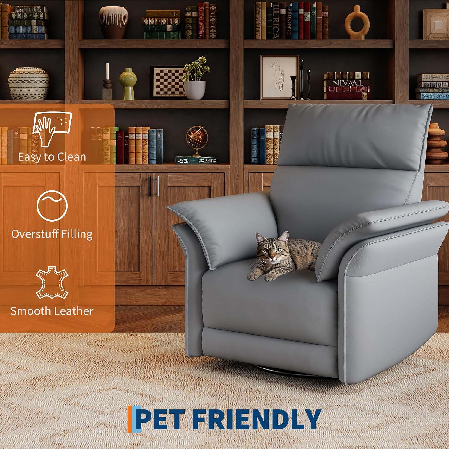 GarveeHome Power Recliner Chair with Side Pockets, 270° Swivel & Glider, USB Charging Port, PU Leather, Thickened Dual-Layer Armrests, Modern Recliner for Living Room, Bedroom (Silver)