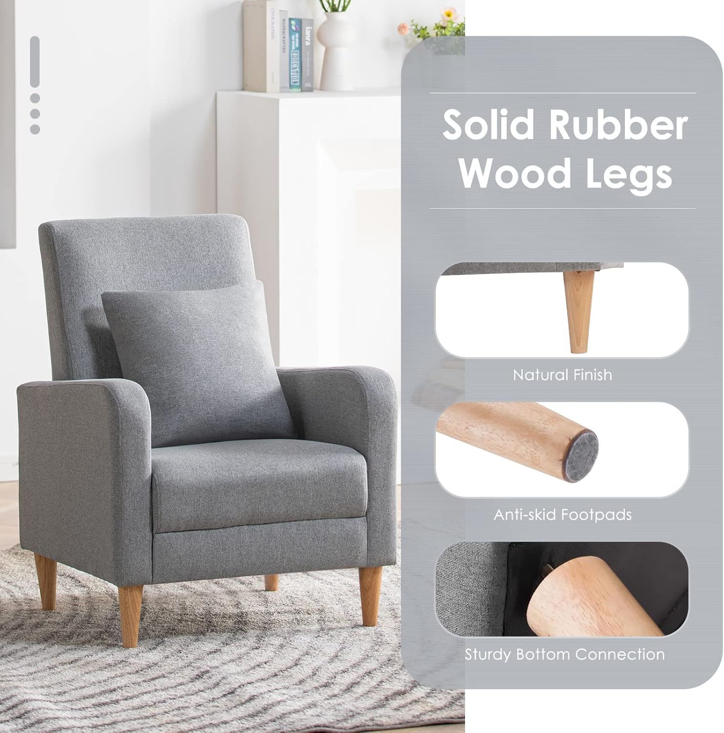 COLAMY Modern Accent Living Room Chairs Set of 2, Upholstered Fabric Armchair Reading Side Chair, Single Sofa with Back Pillow, Light Grey