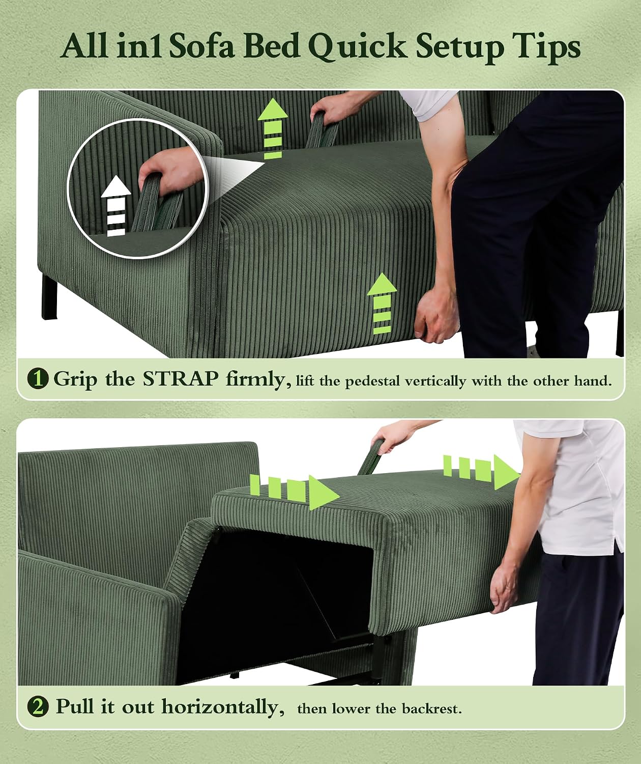 Welzona 47.2' Convertible Sofa Bed Couch, Comfy Corduroy Loveseat Sleeper Sofa, 620lbs Capacity Couch Bed, Easy Setup Love Seat Sleeper Bed with 2 Pillow, Small Couches for Living Room/Office, Green