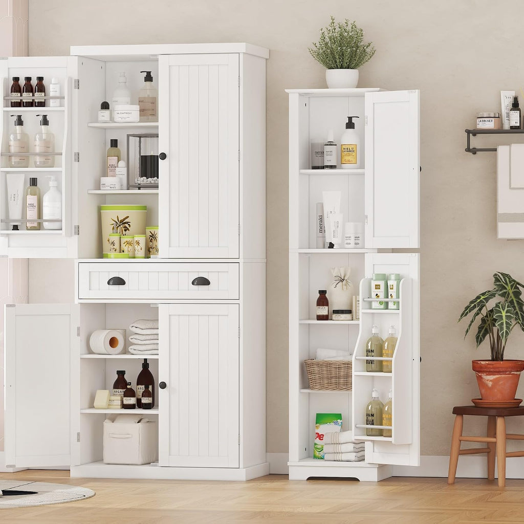 Function Home Tall Storage Cabinet, 64' Narrow Bathroom Cabinets, Freestanding Kitchen Pantry with Door Storage Shelves, Wooden Slim Floor Cabinets for Kitchen Dining Living Room, White