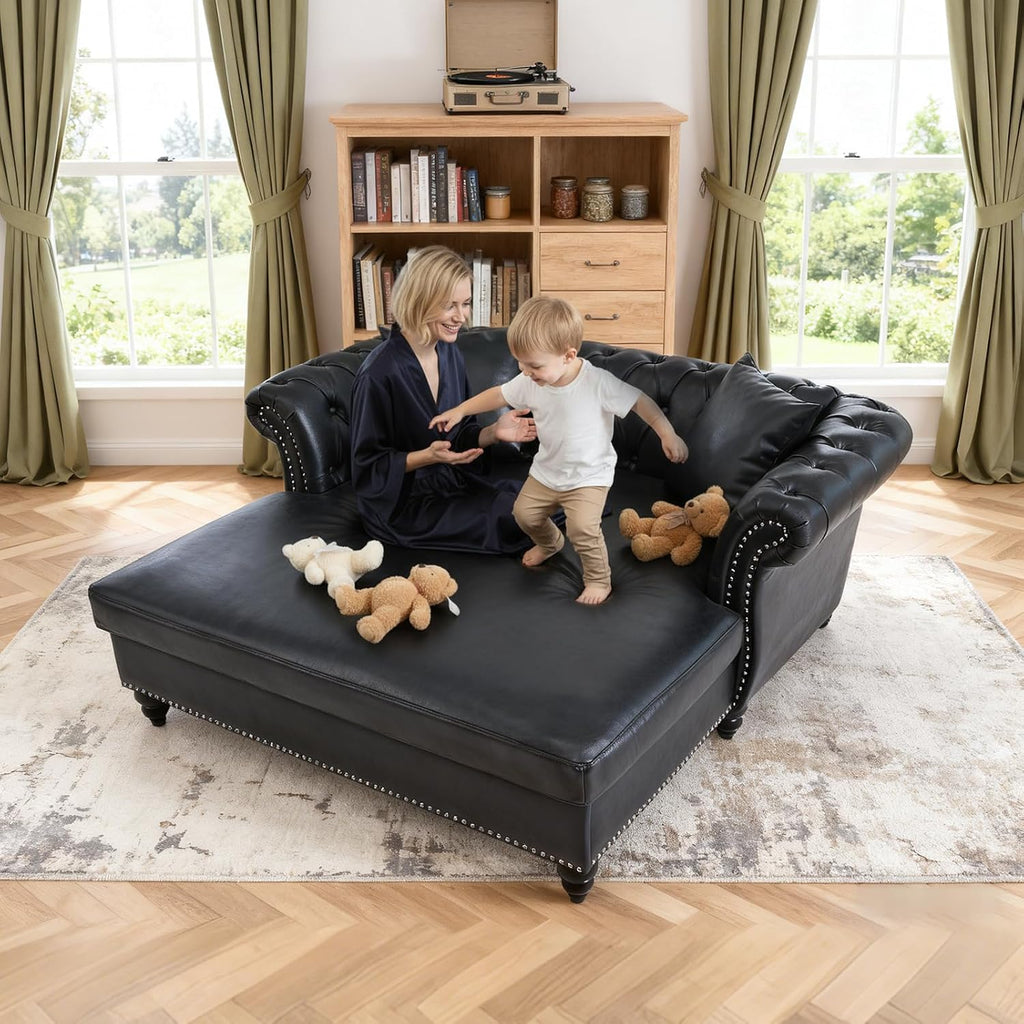 63' Oversized Chaise Lounge Comfy Reading Chair, Faux Leather Chesterfield Loveseat Sofa with Tufting Back & Rolled Arm with 2 Pillows, Comfy Couch for Indoor Relaxation, Living Room, Black