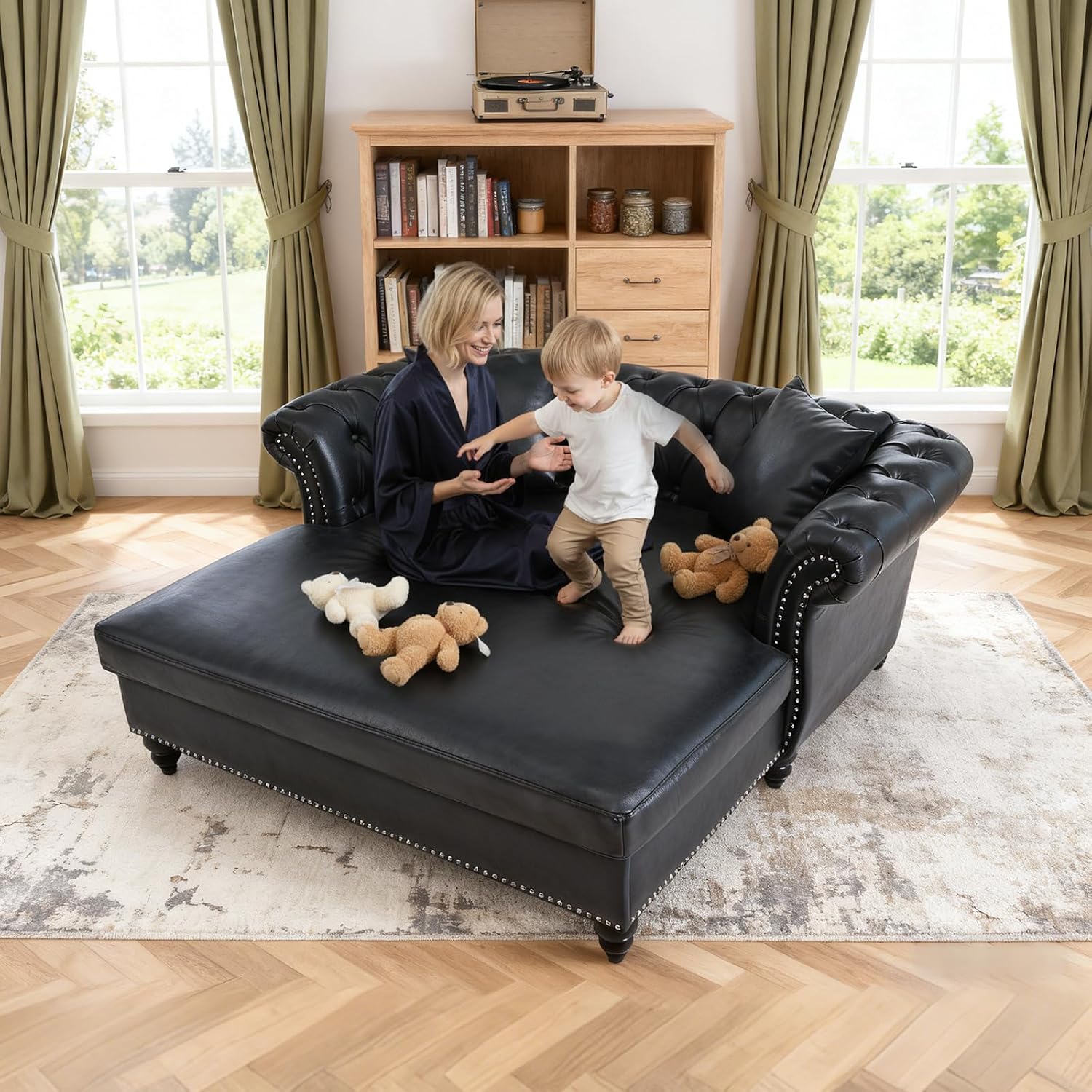 63' Oversized Chaise Lounge Comfy Reading Chair, Faux Leather Chesterfield Loveseat Sofa with Tufting Back & Rolled Arm with 2 Pillows, Comfy Couch for Indoor Relaxation, Living Room, Black