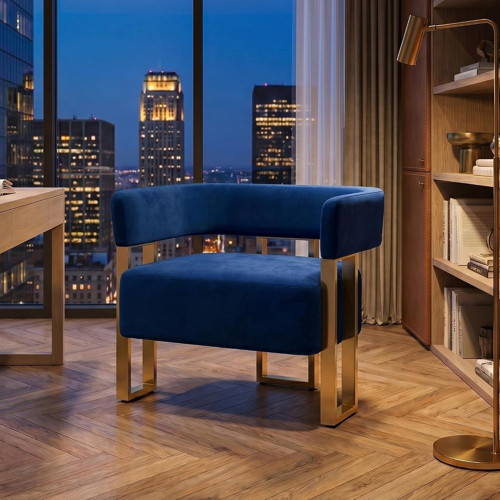 AODAILIHB Blue Modern Accent Chair, Velvet Barrel Chairs with Gold Metal Legs - Upholstered Armchairs for Living Room, Bedroom, Lounge & Waiting Room