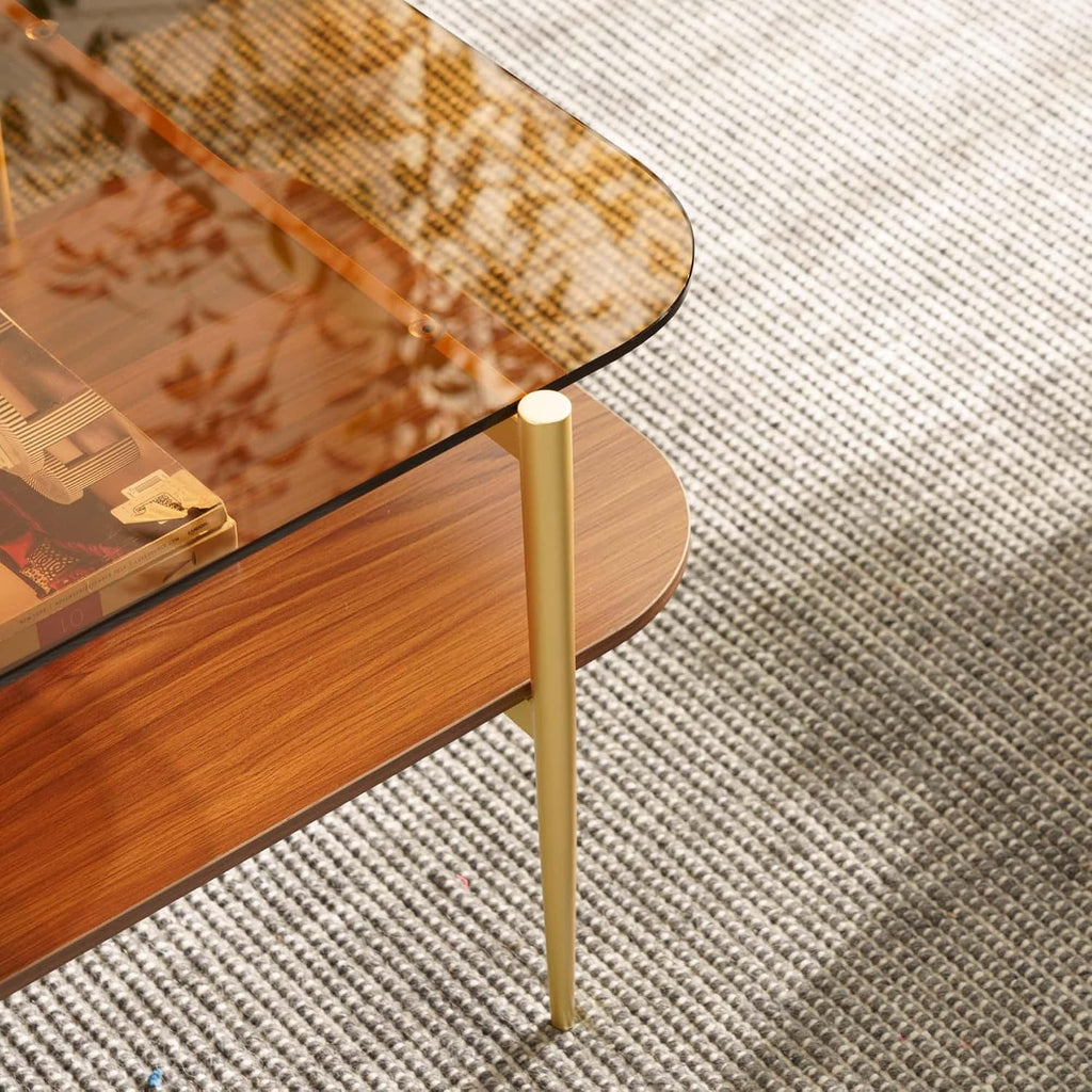 AGV LIGHTING Tadio Glass Coffee Table, Mid-Century Modern Coffee Table for Living Room, Gold Finish Leg, Coffee Brown Glass Top & Walnut Brown Shelf, Rounded Corners