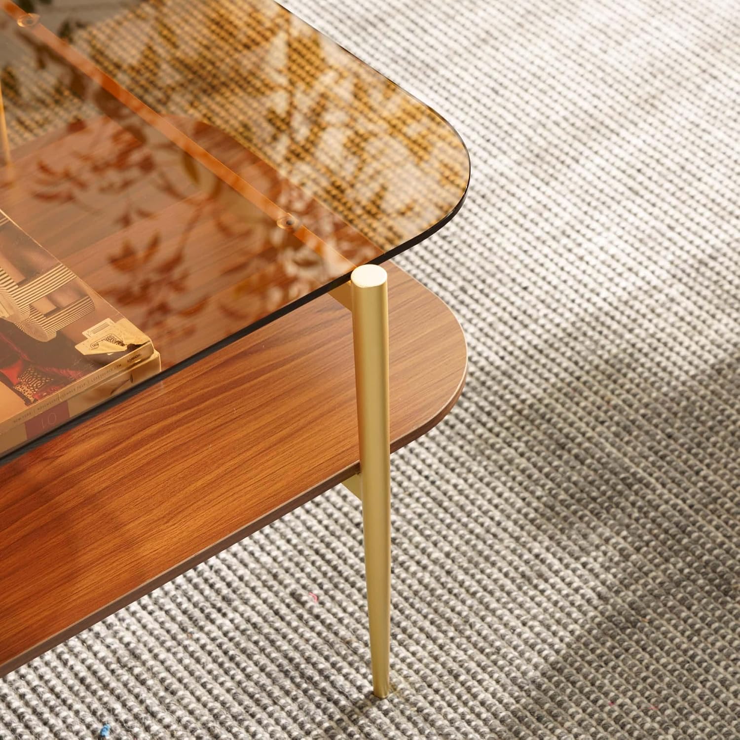 AGV LIGHTING Tadio Glass Coffee Table, Mid-Century Modern Coffee Table for Living Room, Gold Finish Leg, Coffee Brown Glass Top & Walnut Brown Shelf, Rounded Corners