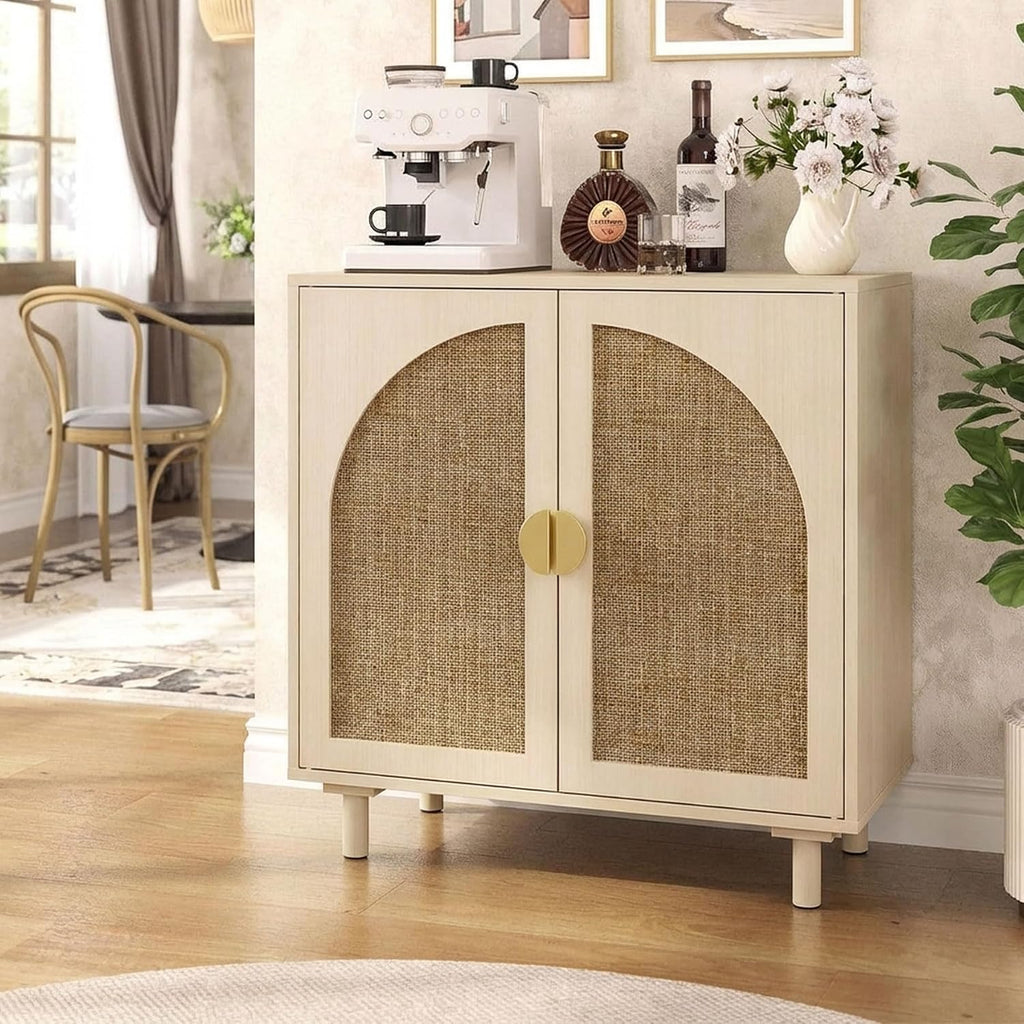 Rattan Cabinet, Sideboard with Magnetic Door Latch & Adjustable Shelf, Beige Boho Buffet for Living Room Entryway, 29.8' W x 15.7' D x 31.5' H (2Pc)