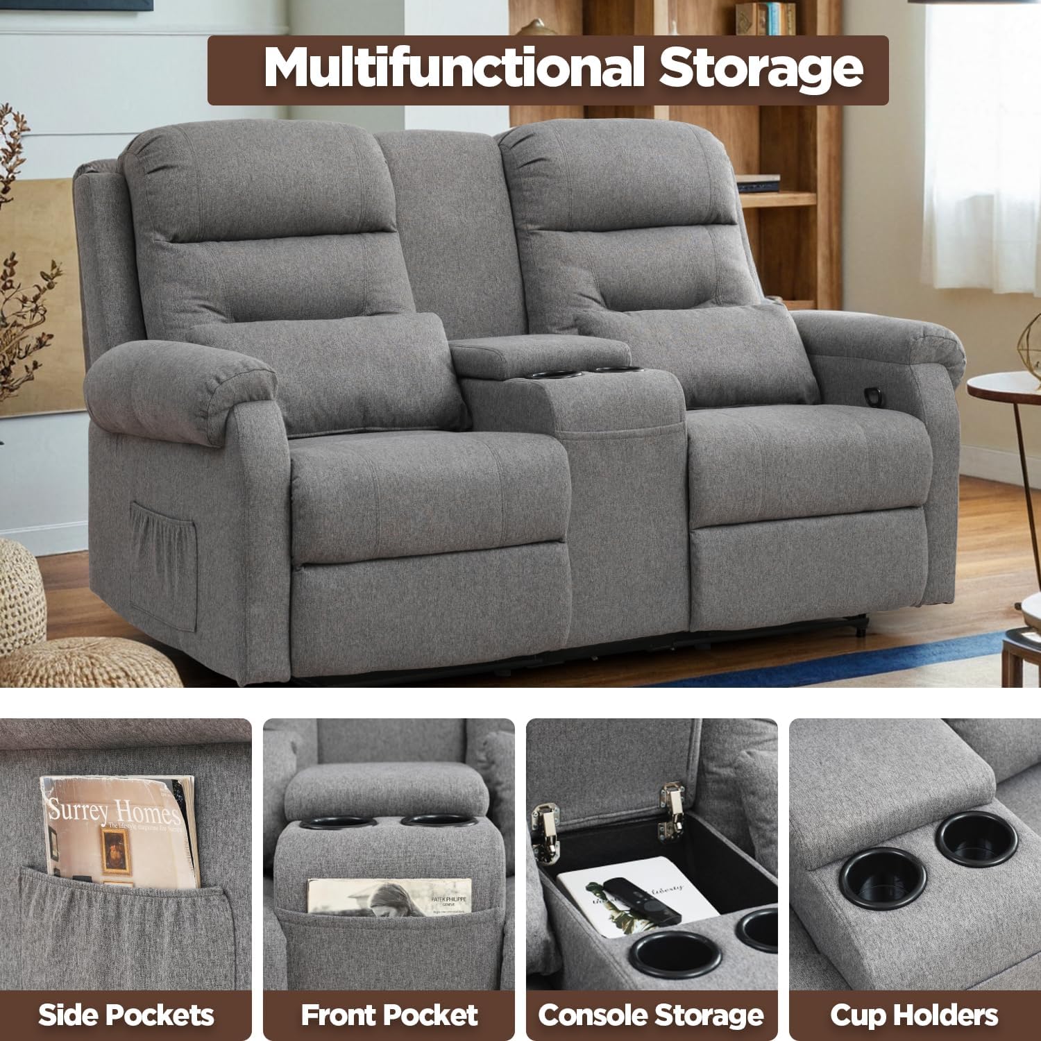 RV Loveseat Recliner with Console, Reclining Loveseat Sofa, Manual Home Theater Seating with Pockets/Cup Holders for Living Room/RV Furniture (Linen Ash)