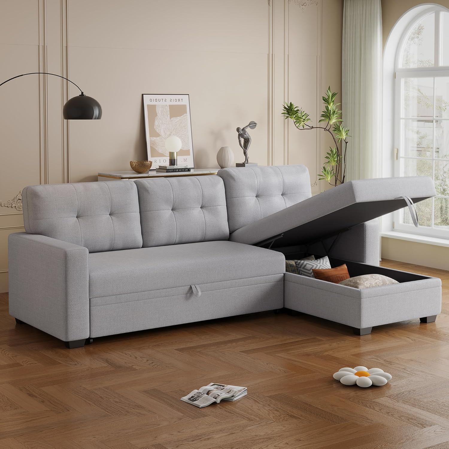 82' L-Shape Convertible Sleeper Sectional Sofa with Storage Chaise and Pull-Out Bed,Modular Corner Couch Lounge,w/Removable 3 Back Cushions and Armrest,for Home Furniture,Light Gray