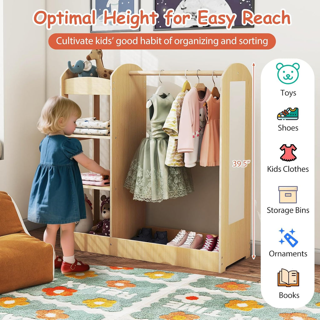 HONEY JOY Kids Dress up Storage with Mirror, Wooden Children Costume Wardrobe Closet, Open Hanging Toddler Armoire, Pretend Play Baby Dresser for Bedroom Playroom, Gift for 2+ Years Old (Natural)