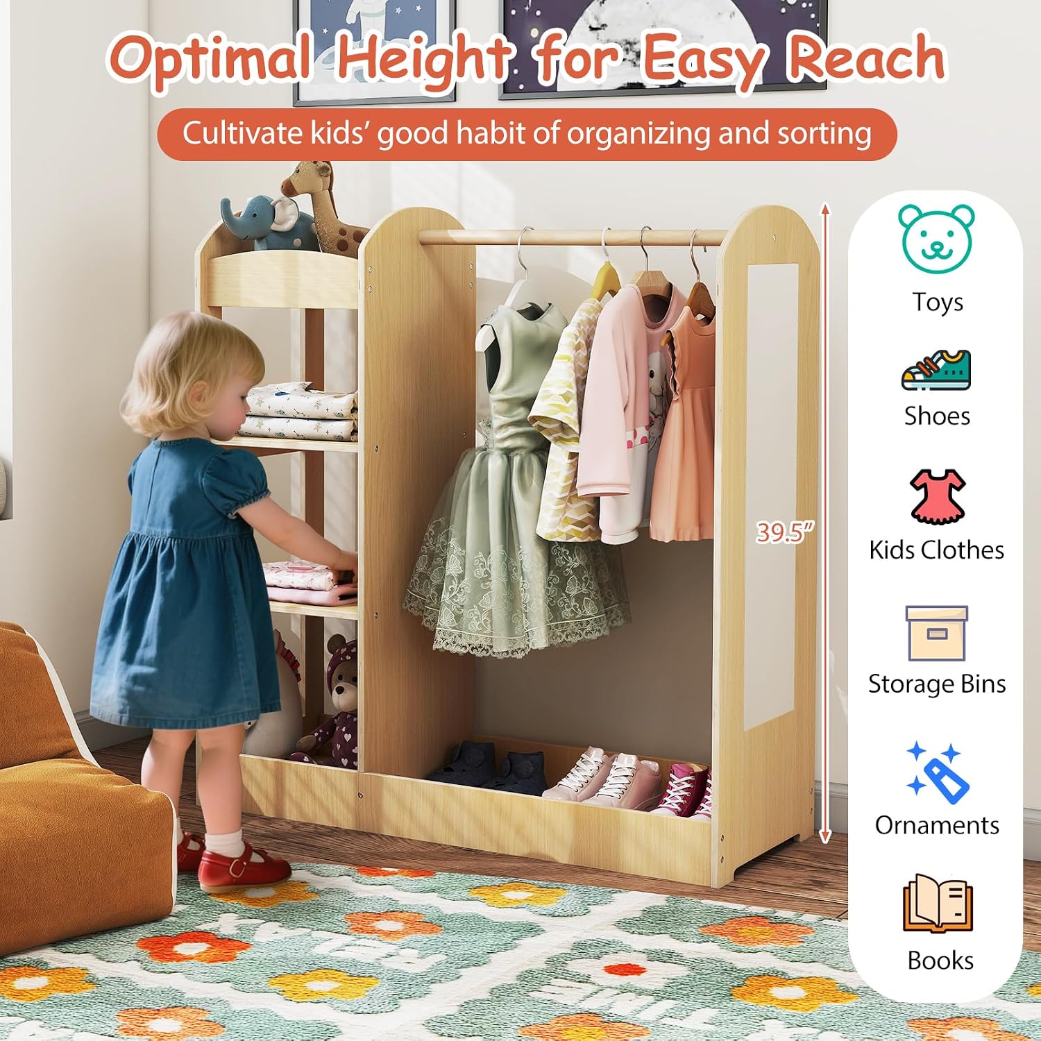 HONEY JOY Kids Dress up Storage with Mirror, Wooden Children Costume Wardrobe Closet, Open Hanging Toddler Armoire, Pretend Play Baby Dresser for Bedroom Playroom, Gift for 2+ Years Old (Natural)