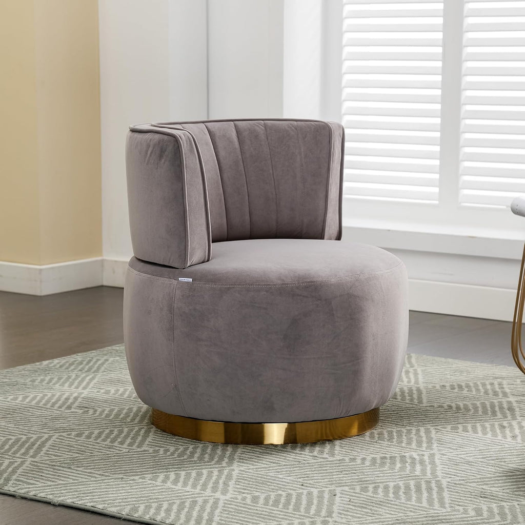 KEIKI Swivel Barrel Accent Chair, 360 Degree Rotating Upholstered Armchair with Velvet Fabric for Living Room, Office, Bedroom, Grey
