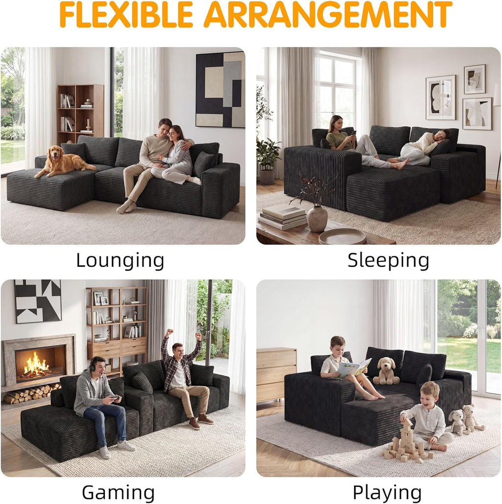 104' Cloud Sectional Couch with L-Shaped Chaise,Modern Modular Sectional Sofa,Corduroy Boneless Couches for Living Room Bedroom,No Assembly Required, 3-Seater (Left Facing Chaise) Black