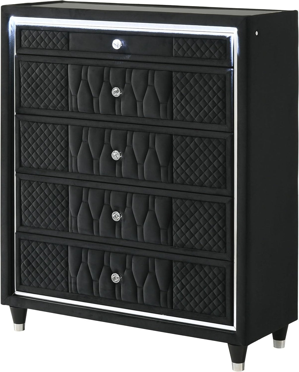 Coaster Home Furnishings - Lorient - Wood and Velvet - 5-Drawer Chest with Built-in LED Lighting, Crystal Knobs and English Dovetail Joinery - Bedroom - Black - 223165