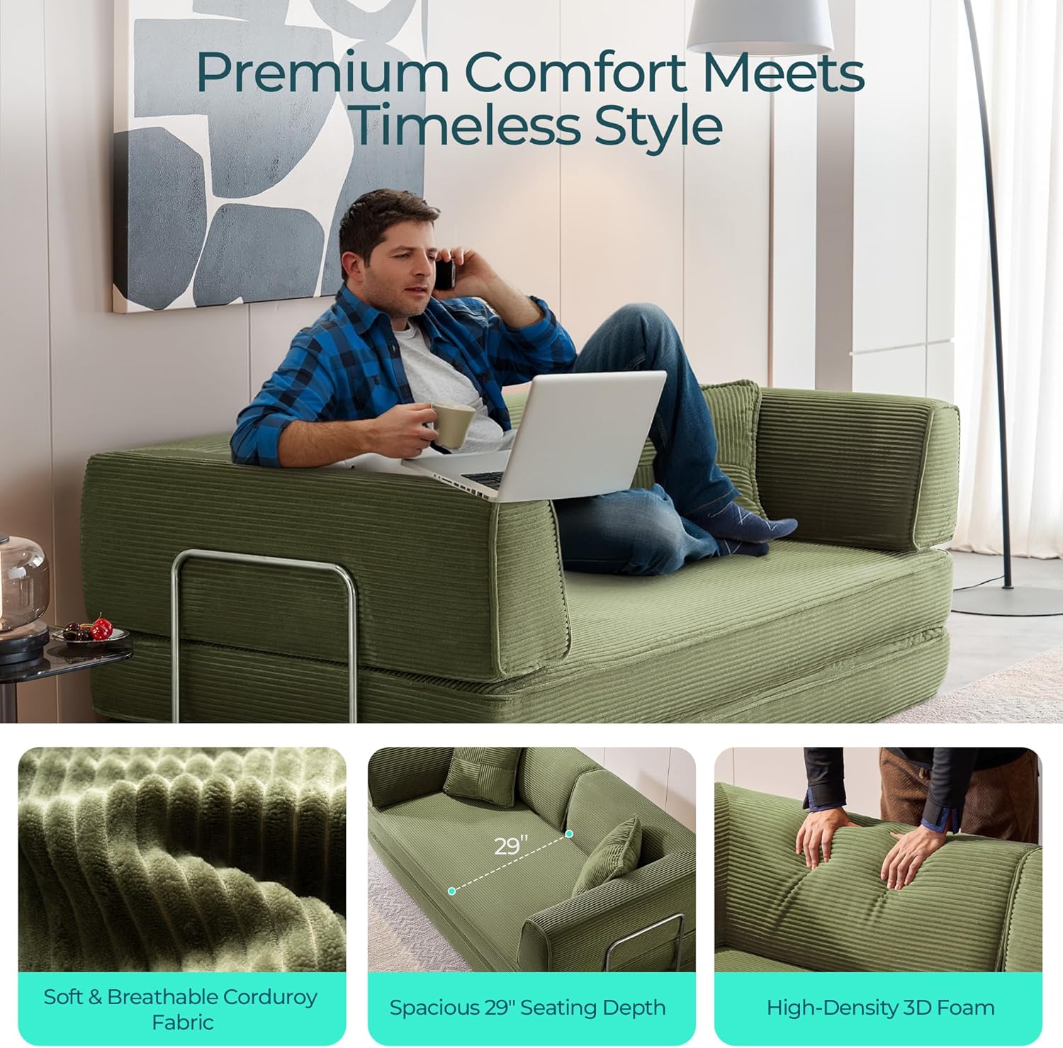 LINSY HOME Sofa Bed Couch - Convertible Boneless Couch Bed with 2 Pillow (Green) | Folding Sofa Bed